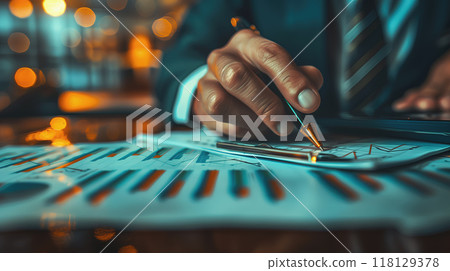 A businessman studying a stock market report, holding a pen in his hand 118129378