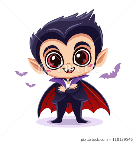 Adorable cartoon vampire character with a big smile, dressed in a classic black and red cape. Vector illustration 118129546