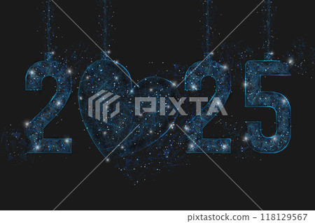 Abstract isolated blue image of new year number 2025. Polygonal low poly wireframe illustration looks like stars in the black night sky in space or flying glass shards. Digital web, internet design. 118129567