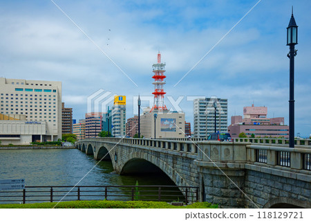 Bandai Bridge over the Shinano River and the NTT Bandaibashi Building, Cityscape Bandai Bridge Bandai Bridge over the Shinano River and the NTT Bandaibashi Building, Cityscape Bandai Bridge 118129721