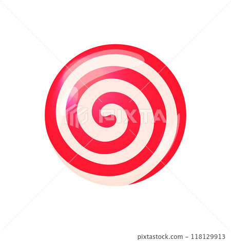 Lollipop isolated vector illustration. Round red and white Christmas candy. Traditional swirl dessert, spiral sweet treat 118129913