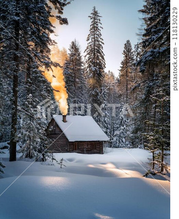 A remote cabin in the woods surrounded by deep snow 118130229