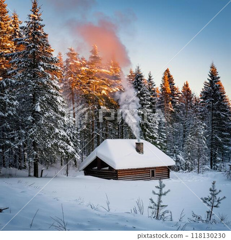 A remote cabin in the woods surrounded by deep snow 118130230