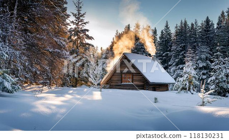 A remote cabin in the woods surrounded by deep snow 118130231