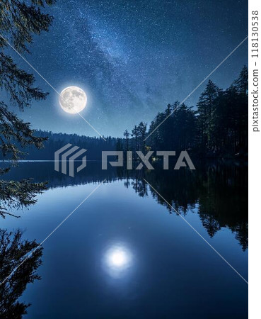Landscape painting of a forest with a full moon reflected in a lake Landscape painting of a forest with a full moon reflected in a lake 118130538