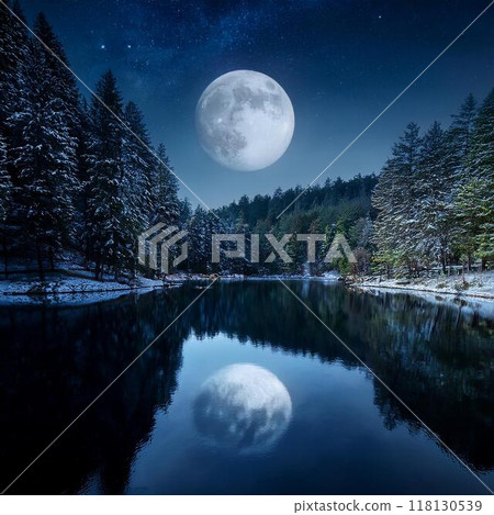 Landscape painting of a forest with a full moon reflected in a lake 118130539