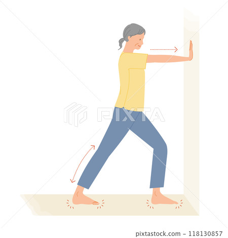 老年人運動:一位女士為小腿做推牆伸展運動(以緩解腿部腫脹)的插圖 老年人運動:一位女士為小腿做推牆伸展運動(以緩解腿部腫脹)的插圖 118130857