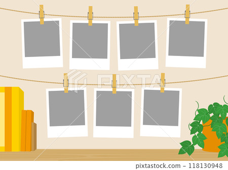 7 illustrations of landscape images of a wall decorated with instant film 118130948