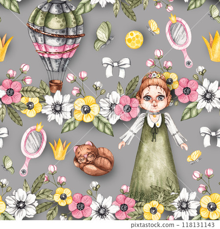 Watercolor seamless pattern with cute princess Watercolor seamless pattern with cute princess 118131143