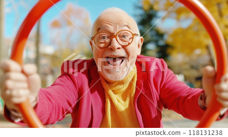A man in red jacket holding a hula hoop with his hands, AI 118131238
