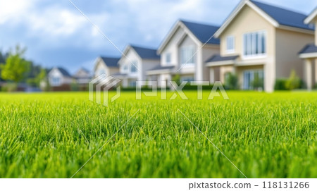 A close up of a lawn with houses in the background, AI 118131266