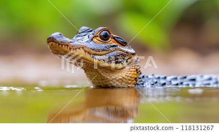 An alligator swimming in a body of water with green leaves, AI An alligator swimming in a body of water with green leaves, AI 118131267