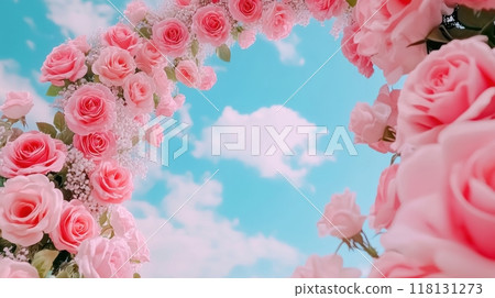 A bunch of pink roses are arranged in a circle, AI 118131273