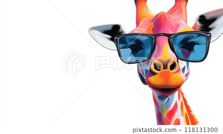 A giraffe wearing sunglasses and a colorful patterned shirt, AI A giraffe wearing sunglasses and a colorful patterned shirt, AI 118131300