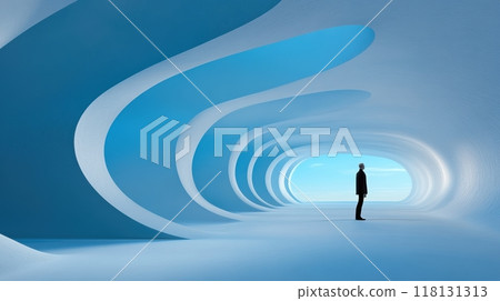 A man standing in a long tunnel with curved walls, AI A man standing in a long tunnel with curved walls, AI 118131313