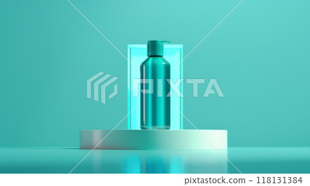 A stylish teal bottle stands on a circular white pedestal in a contemporary studio A stylish teal bottle stands on a circular white pedestal in a contemporary studio 118131384