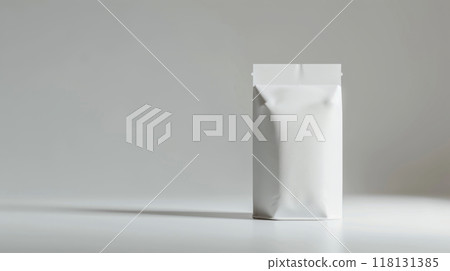 A plain white package stands upright on a smooth surface, illuminated by soft lighting A plain white package stands upright on a smooth surface, illuminated by soft lighting 118131385