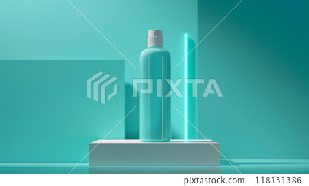 A turquoise bottle stands upright on a white pedestal, surrounded by a striking teal background. A turquoise bottle stands upright on a white pedestal, surrounded by a striking teal background. 118131386