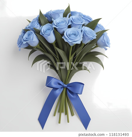 AI-generated bouquet of blue flowers and blue ribbons 118131493