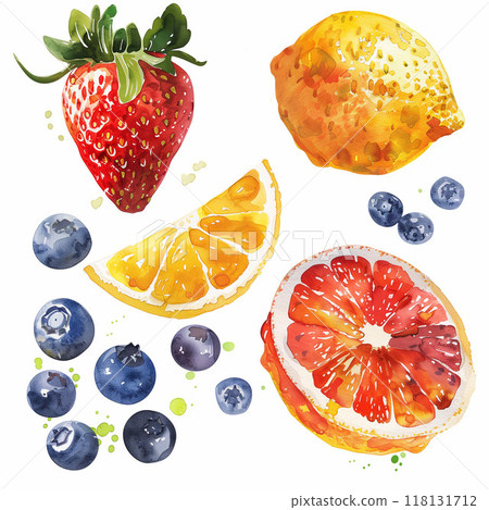 Watercolor illustrations of fruits (strawberries, blueberries, lemons, oranges, grapefruits) Generative A 118131712