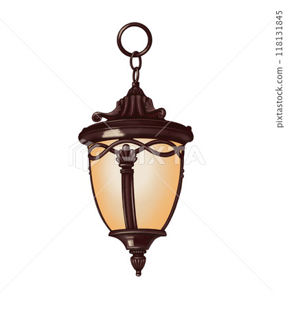 Hanging lantern with muted light in cartoon style. Hand drawn dark portable outdoor equipment of garden decoration illustration. Isolated drawing for autumn graphic and seasonal designs. 118131845
