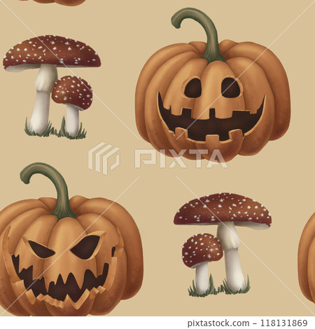 Halloween Seamless pattern with Jack o Lantern in cartoon style. Hand drawn endless dark holiday background design. Dark mystical texture surface for autumn textile and spooky season crafts. 118131869
