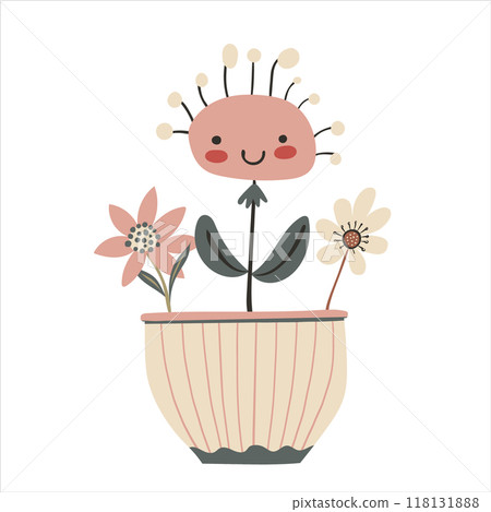 Cute baby flower in plant pot in kawaii cartoon style. Hand drawn vector doodle childish illustration. Isolated simple drawing for kid-friendly graphic and babyish book or card designs. Cute baby flower in plant pot in kawaii cartoon style. Hand drawn vector doodle childish illustration. Isolated simple drawing for kid-friendly graphic and babyish book or card designs. 118131888