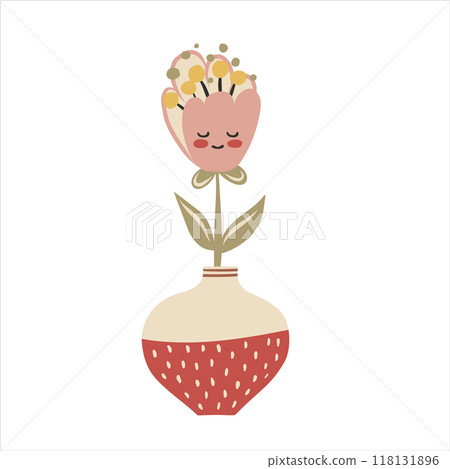 Cute baby flower in vase in kawaii cartoon style. Hand drawn vector doodle childish illustration. Isolated simple drawing for kid-friendly graphic and babyish book or card designs. 118131896