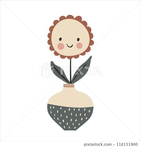 Cute baby flower in vase in kawaii cartoon style. Hand drawn vector doodle childish illustration. Isolated simple drawing for kid-friendly graphic and babyish book or card designs. Cute baby flower in vase in kawaii cartoon style. Hand drawn vector doodle childish illustration. Isolated simple drawing for kid-friendly graphic and babyish book or card designs. 118131900