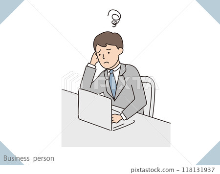 Illustration of a businessman doing desk work, looking confused and at a loss 118131937