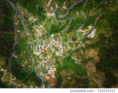 Aerial view of Curral das Freiras village. Miradouro da Eira do Serrado, Madeira, Portugal Aerial view of Curral das Freiras village. Miradouro da Eira do Serrado, Madeira, Portugal 118132311