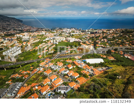 Aerial drone view of Funchal town, Madeira, Portugal Aerial drone view of Funchal town, Madeira, Portugal 118132349