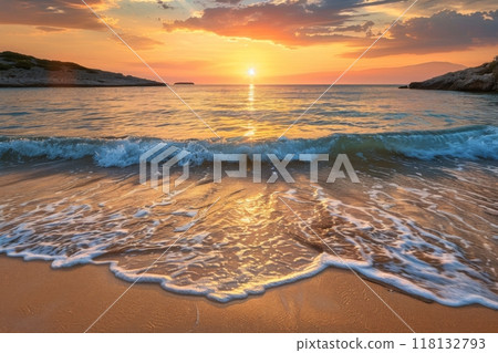 Golden sunset over vibrant sandy beach with waves 118132793