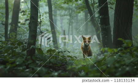 Fox in Misty Forest Clearing Fox in Misty Forest Clearing 118133134