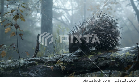 Porcupine on Fallen Log in Misty Forest 118133160