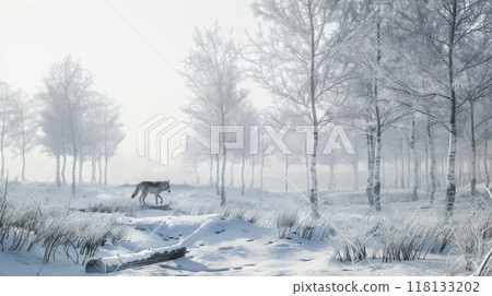 A dog is running through a snowy forest 118133202