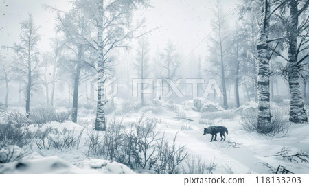 A dog is running through a snowy forest 118133203