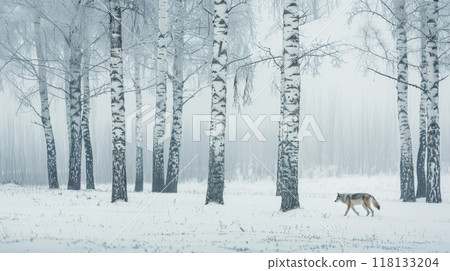 A wolf is walking through a snowy forest A wolf is walking through a snowy forest 118133204