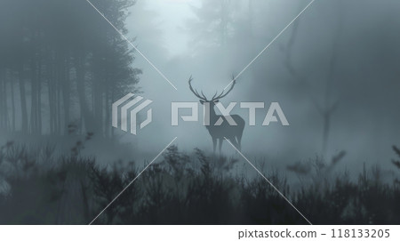 A deer stands in a forest with foggy air 118133205