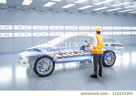 Asian engineer or technician with ev car in factory Asian engineer or technician with ev car in factory 118133303