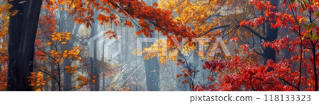 Colorful Autumn Forest with Mist 118133323