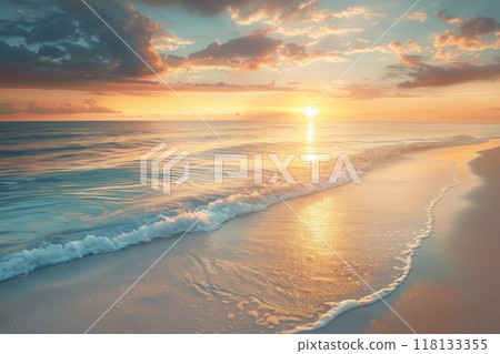 Close up of ocean wave at sunset with colorful sky 118133355