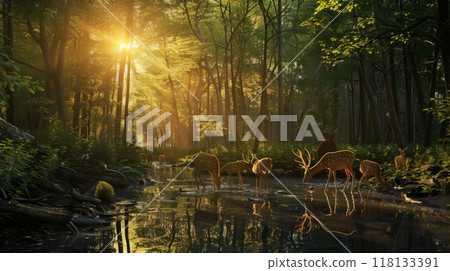 A group of deer are drinking from a river in a forest A group of deer are drinking from a river in a forest 118133391