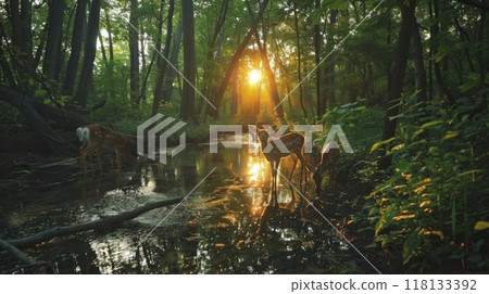 A group of deer are drinking from a river in a forest 118133392