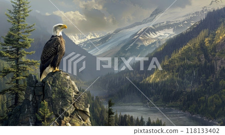 A bald eagle perched on a rock in the mountains 118133402