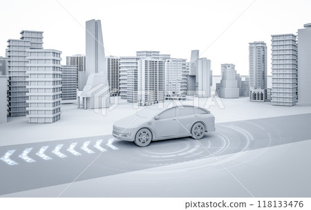 White ev car model drive in town with digital graphic interface 118133476