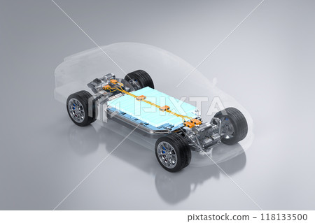 Ev car or electric vehicle with battery pouch cells glowing 118133500