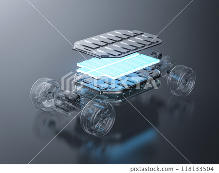Exploded view of ev car or electric vehicle with battery pouch cells 118133504