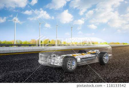 Ev car or electric vehicle with cityscape background 118133542