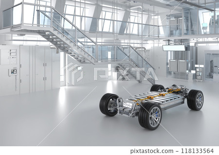 Ev car with pack of battery cells module on platform in laboratory Ev car with pack of battery cells module on platform in laboratory 118133564